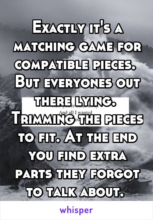 Exactly it's a matching game for compatible pieces.  But everyones out there lying.  Trimming the pieces to fit. At the end you find extra parts they forgot to talk about. 