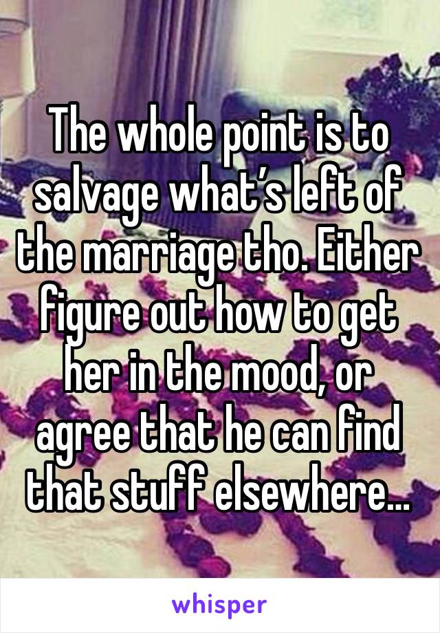 The whole point is to salvage what’s left of the marriage tho. Either figure out how to get her in the mood, or agree that he can find that stuff elsewhere…