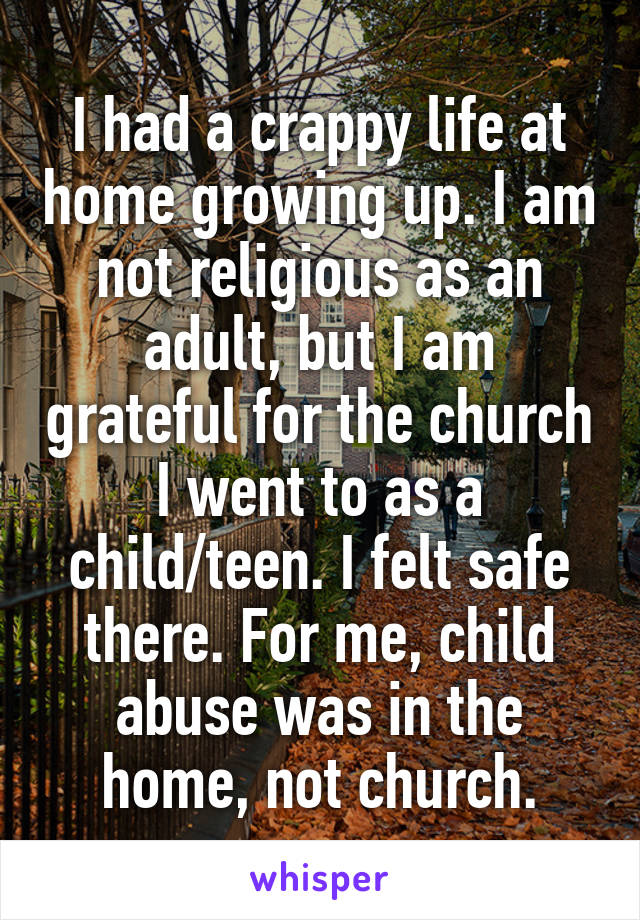 I had a crappy life at home growing up. I am not religious as an adult, but I am grateful for the church I went to as a child/teen. I felt safe there. For me, child abuse was in the home, not church.
