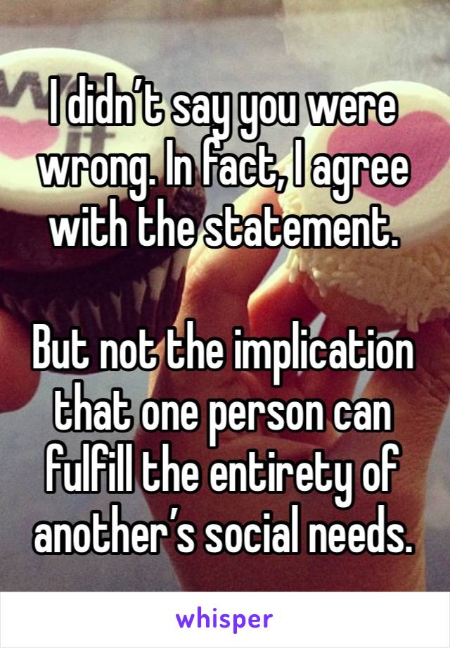 I didn’t say you were wrong. In fact, I agree with the statement.

But not the implication that one person can fulfill the entirety of another’s social needs.