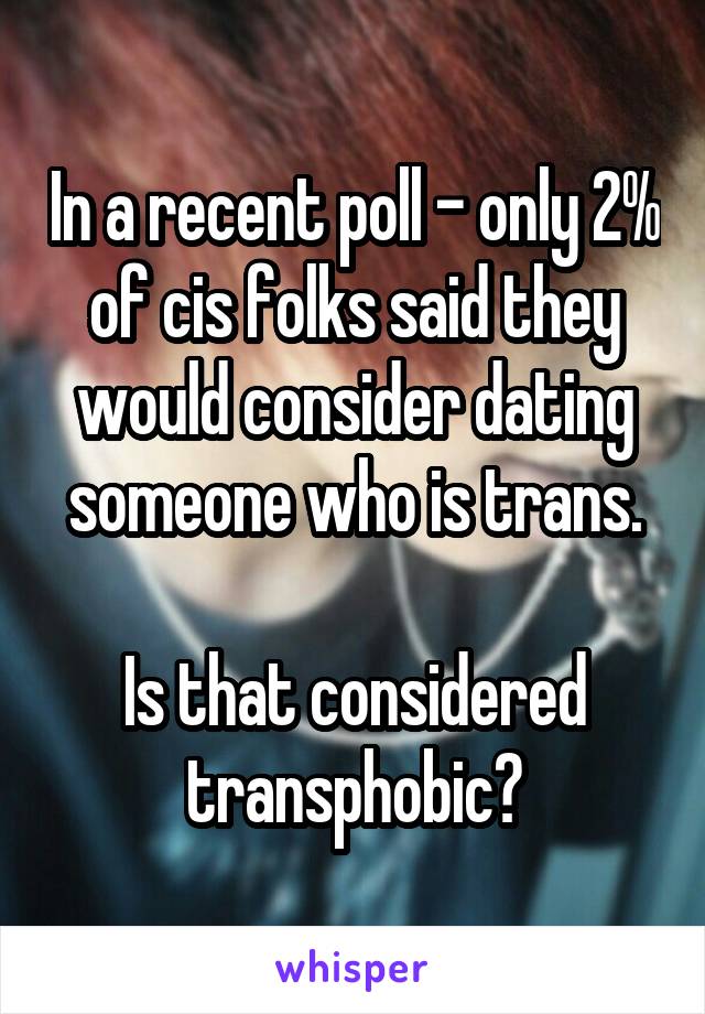 In a recent poll - only 2% of cis folks said they would consider dating someone who is trans.

Is that considered transphobic?