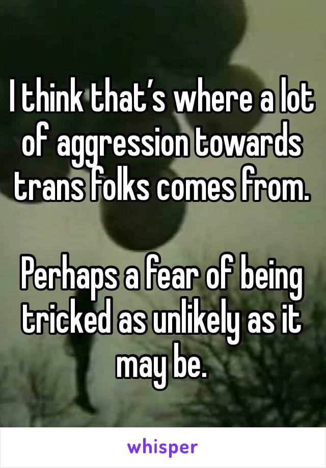 I think that’s where a lot of aggression towards trans folks comes from.

Perhaps a fear of being tricked as unlikely as it may be.