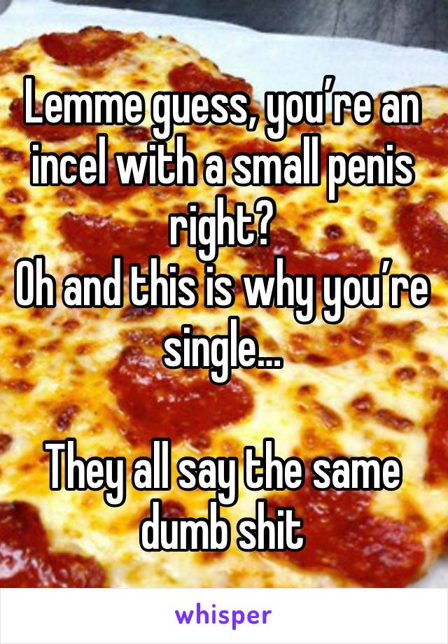 Lemme guess, you’re an incel with a small penis right?
Oh and this is why you’re single…

They all say the same dumb shit