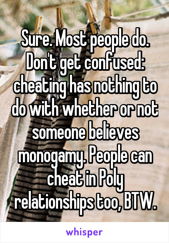 Sure. Most people do. Don't get confused: cheating has nothing to do with whether or not someone believes monogamy. People can cheat in Poly relationships too, BTW.