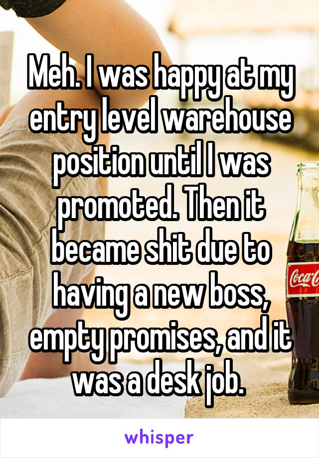 Meh. I was happy at my entry level warehouse position until I was promoted. Then it became shit due to having a new boss, empty promises, and it was a desk job. 