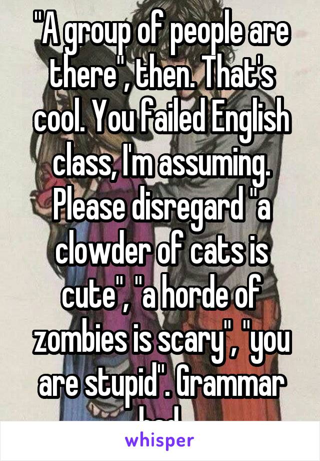 "A group of people are there", then. That's cool. You failed English class, I'm assuming. Please disregard "a clowder of cats is cute", "a horde of zombies is scary", "you are stupid". Grammar bad.