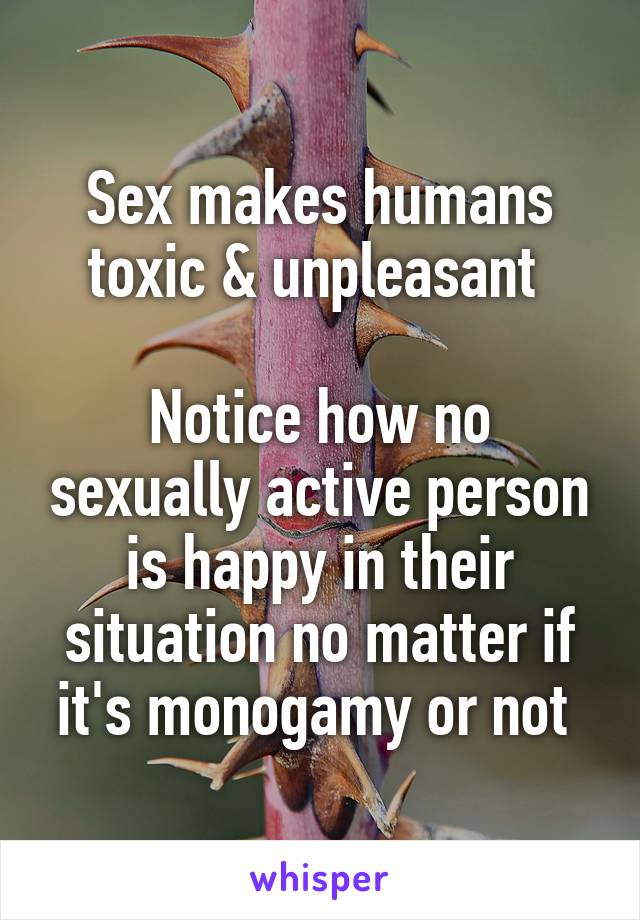 Sex makes humans toxic & unpleasant 

Notice how no sexually active person is happy in their situation no matter if it's monogamy or not 