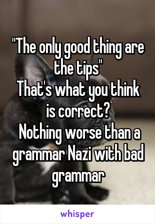 "The only good thing are the tips"
That's what you think is correct?
 Nothing worse than a grammar Nazi with bad grammar