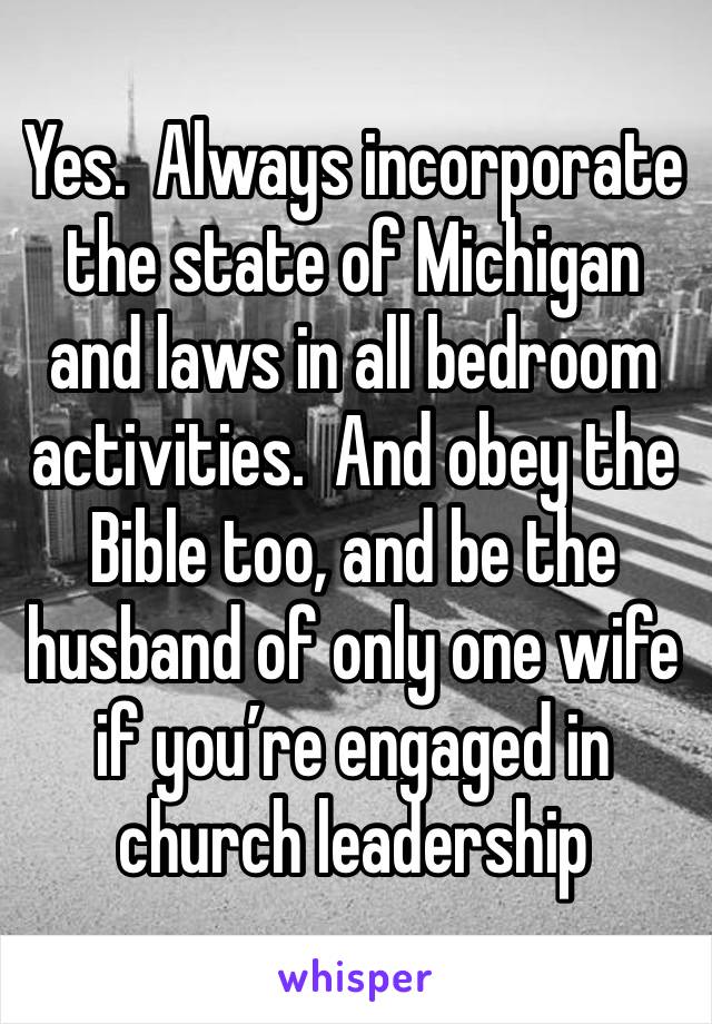 Yes.  Always incorporate the state of Michigan and laws in all bedroom activities.  And obey the Bible too, and be the husband of only one wife if you’re engaged in church leadership 