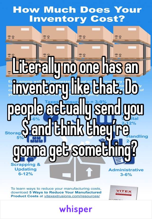 Literally no one has an inventory like that. Do people actually send you $ and think they’re gonna get something? 