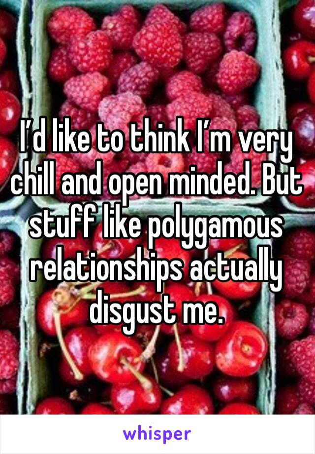 I’d like to think I’m very chill and open minded. But stuff like polygamous relationships actually disgust me. 