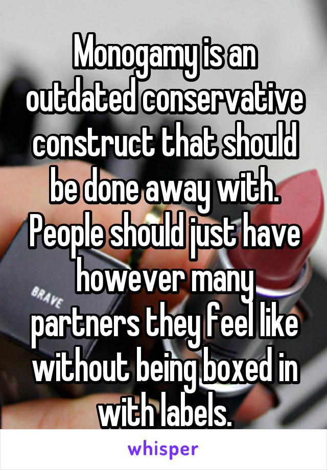 Monogamy is an outdated conservative construct that should be done away with. People should just have however many partners they feel like without being boxed in with labels.