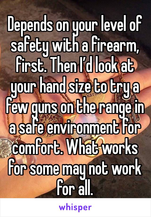 Depends on your level of safety with a firearm, first. Then I’d look at your hand size to try a few guns on the range in a safe environment for comfort. What works for some may not work for all.