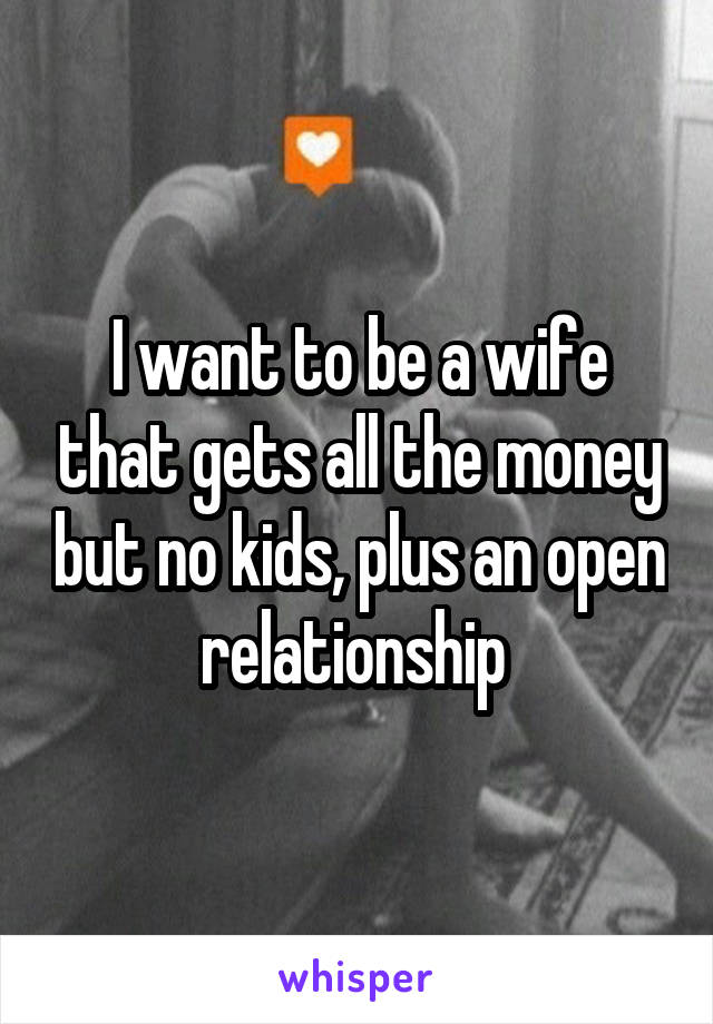 I want to be a wife that gets all the money but no kids, plus an open relationship 