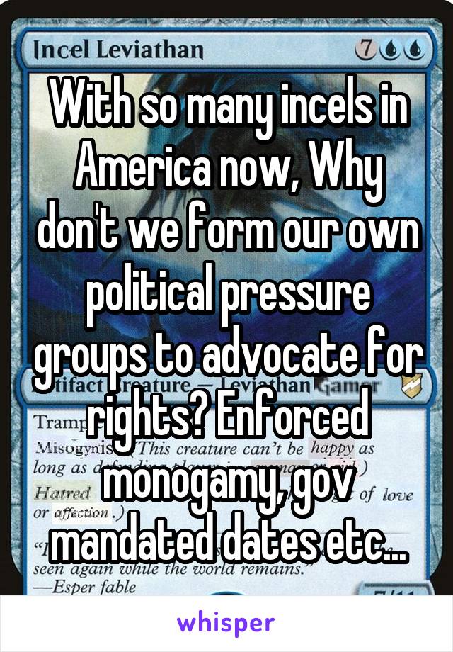 With so many incels in America now, Why don't we form our own political pressure groups to advocate for rights? Enforced monogamy, gov mandated dates etc...