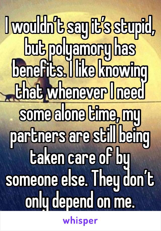 I wouldn’t say it’s stupid, but polyamory has benefits. I like knowing that whenever I need some alone time, my partners are still being taken care of by someone else. They don’t only depend on me.