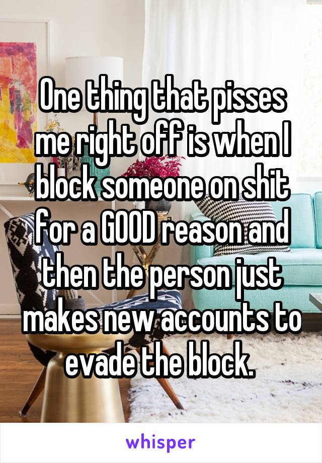 One thing that pisses me right off is when I block someone on shit for a GOOD reason and then the person just makes new accounts to evade the block. 