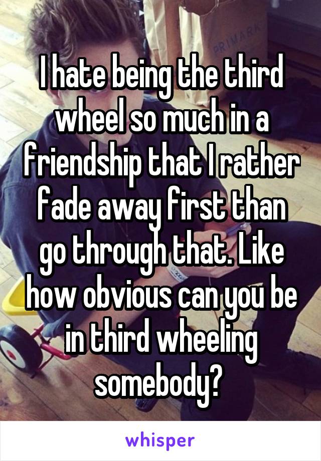 I hate being the third wheel so much in a friendship that I rather fade away first than go through that. Like how obvious can you be in third wheeling somebody? 