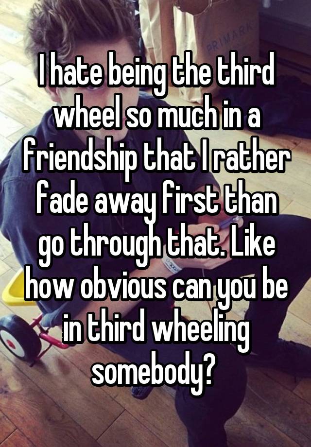 I hate being the third wheel so much in a friendship that I rather fade away first than go through that. Like how obvious can you be in third wheeling somebody? 