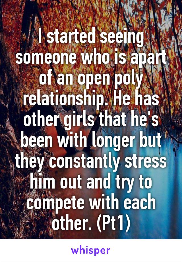 I started seeing someone who is apart of an open poly relationship. He has other girls that he's been with longer but they constantly stress him out and try to compete with each other. (Pt1)