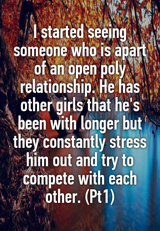 I started seeing someone who is apart of an open poly relationship. He has other girls that he's been with longer but they constantly stress him out and try to compete with each other. (Pt1)