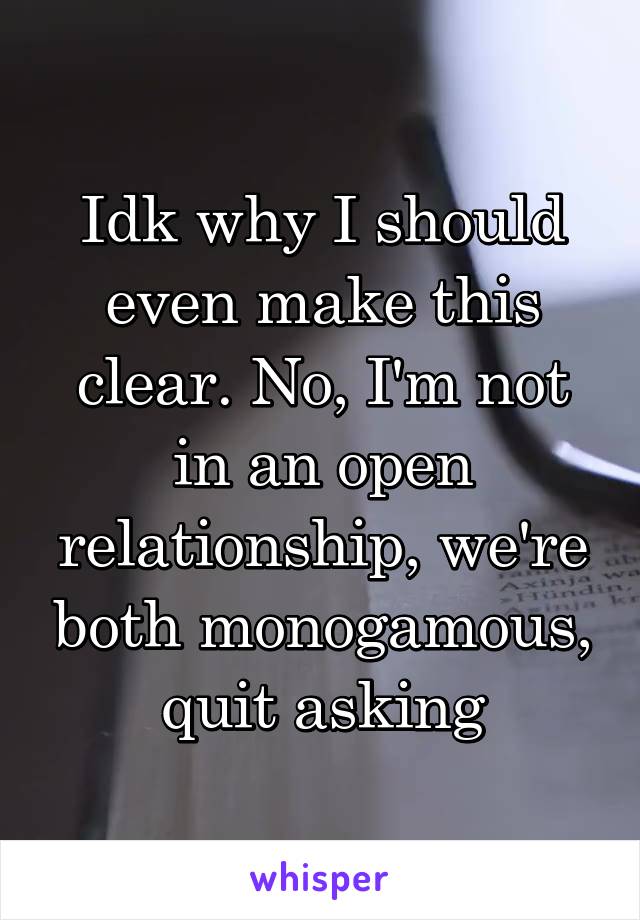 Idk why I should even make this clear. No, I'm not in an open relationship, we're both monogamous, quit asking