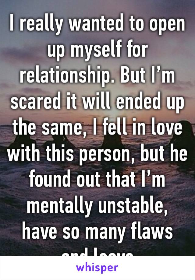 I really wanted to open up myself for relationship. But I’m scared it will ended up the same, I fell in love with this person, but he found out that I’m mentally unstable, have so many flaws and leave