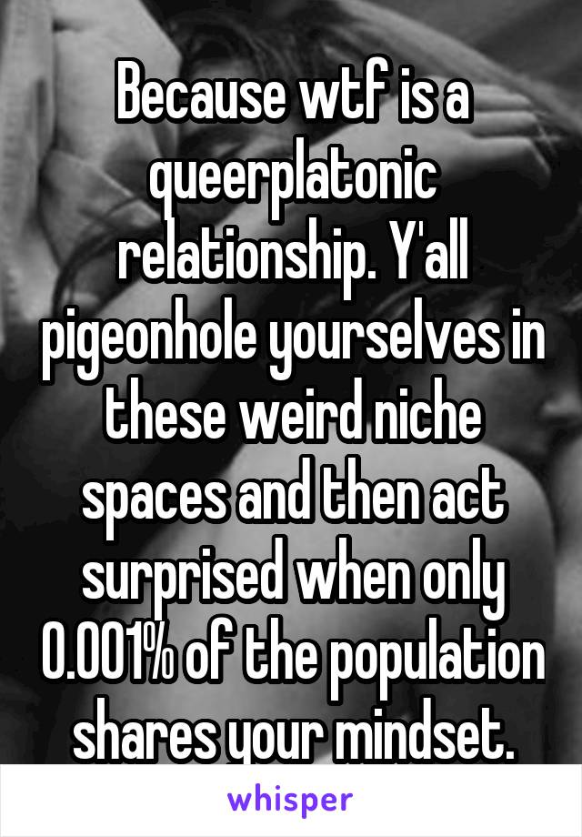 Because wtf is a queerplatonic relationship. Y'all pigeonhole yourselves in these weird niche spaces and then act surprised when only 0.001% of the population shares your mindset.