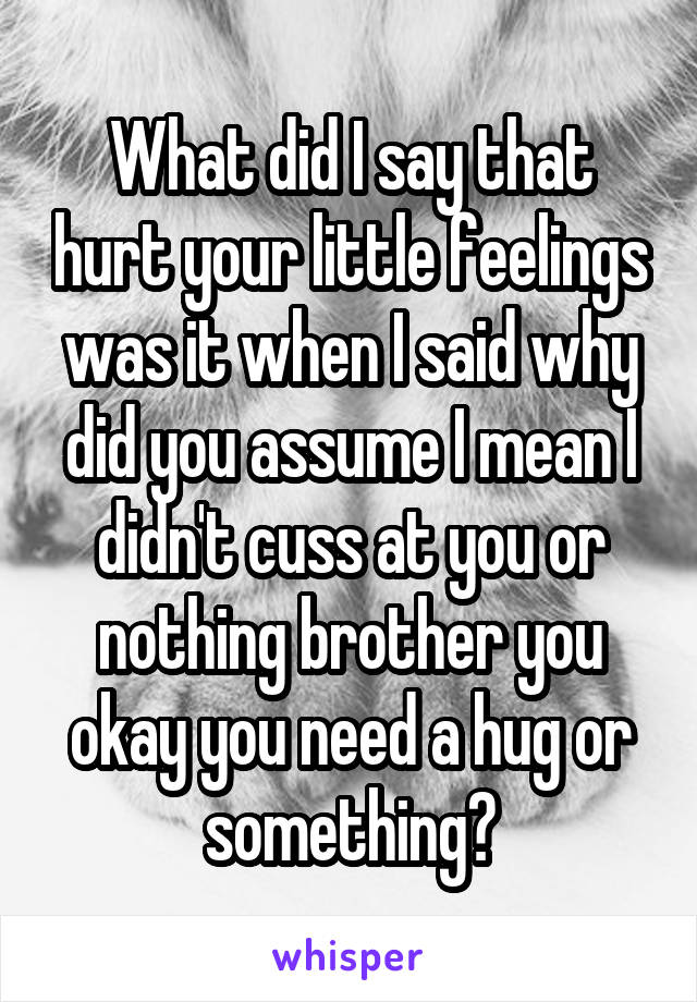 What did I say that hurt your little feelings was it when I said why did you assume I mean I didn't cuss at you or nothing brother you okay you need a hug or something?