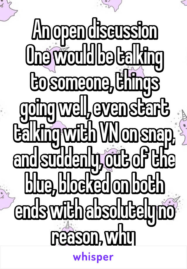 An open discussion
One would be talking to someone, things going well, even start talking with VN on snap, and suddenly, out of the blue, blocked on both ends with absolutely no reason, why 