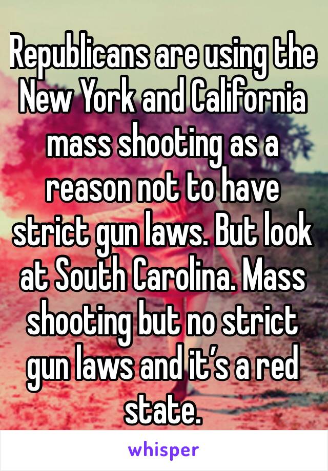 Republicans are using the New York and California mass shooting as a reason not to have strict gun laws. But look at South Carolina. Mass shooting but no strict gun laws and it’s a red state. 
