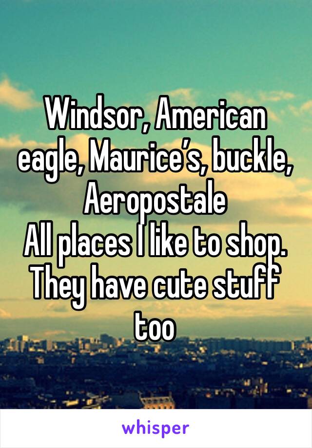 Windsor, American eagle, Maurice’s, buckle, Aeropostale
All places I like to shop. They have cute stuff too 