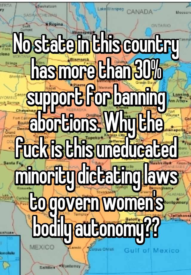 No state in this country has more than 30% support for banning abortions. Why the fuck is this uneducated minority dictating laws to govern women's bodily autonomy??