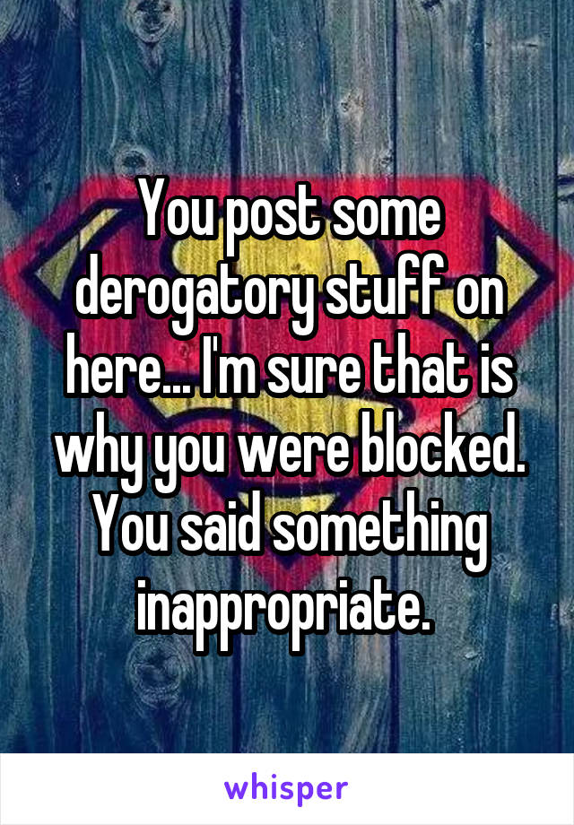 You post some derogatory stuff on here... I'm sure that is why you were blocked. You said something inappropriate. 