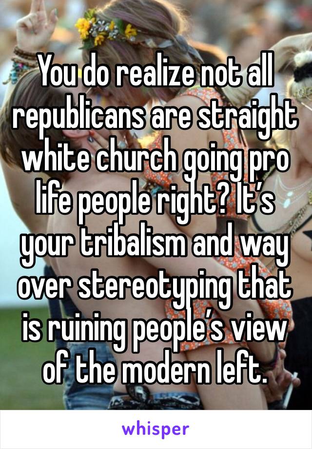 You do realize not all republicans are straight white church going pro life people right? It’s your tribalism and way over stereotyping that is ruining people’s view of the modern left.