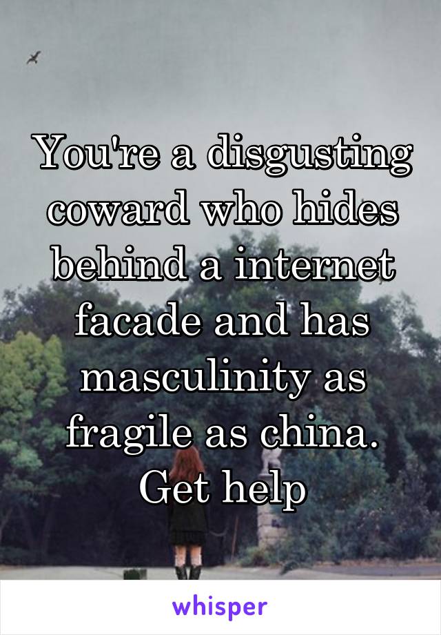 You're a disgusting coward who hides behind a internet facade and has masculinity as fragile as china. Get help