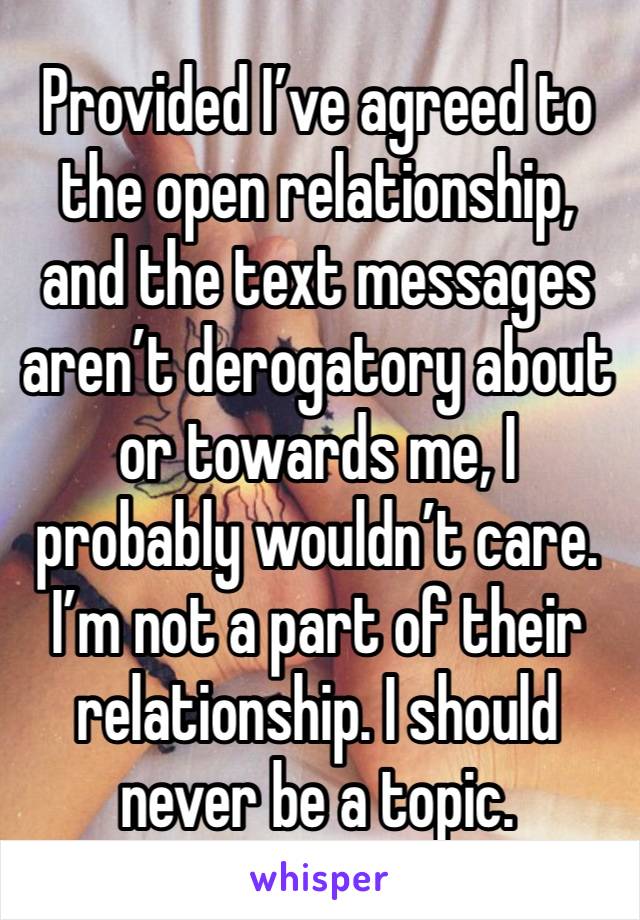 Provided I’ve agreed to the open relationship, and the text messages aren’t derogatory about or towards me, I probably wouldn’t care. I’m not a part of their relationship. I should never be a topic.