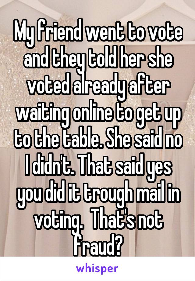 My friend went to vote and they told her she voted already after waiting online to get up to the table. She said no I didn't. That said yes you did it trough mail in voting.  That's not fraud?