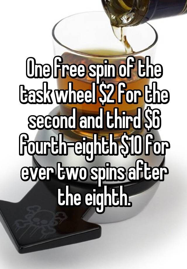 One free spin of the task wheel $2 for the second and third $6 fourth-eighth $10 for ever two spins after the eighth.