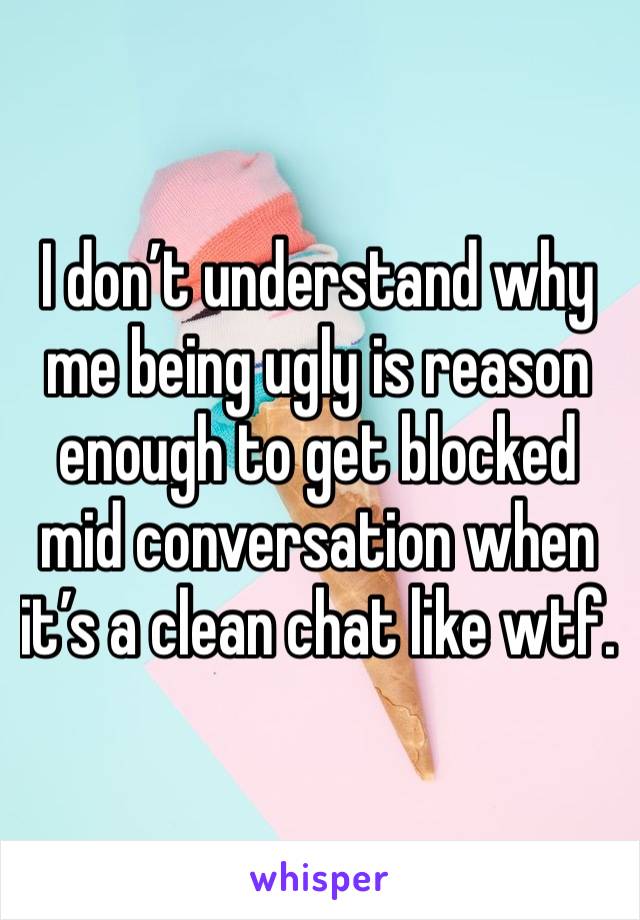 I don’t understand why me being ugly is reason enough to get blocked mid conversation when it’s a clean chat like wtf. 