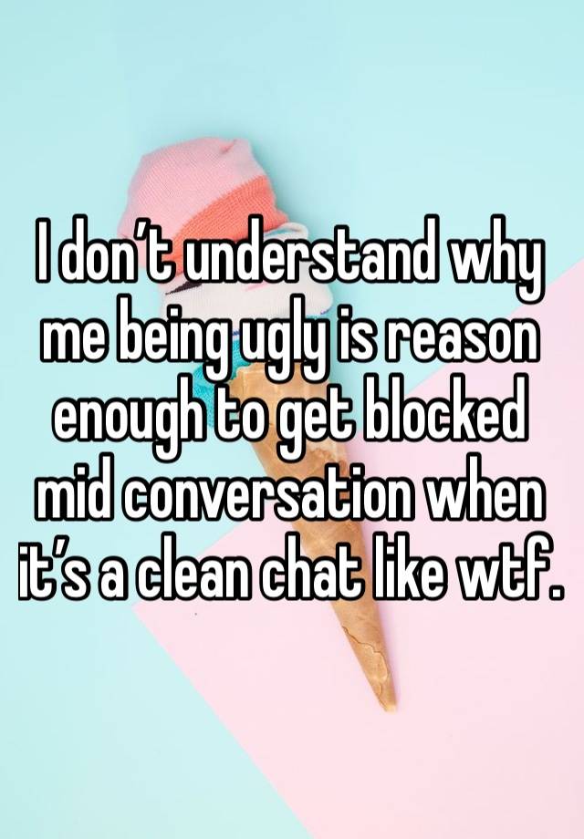 I don’t understand why me being ugly is reason enough to get blocked mid conversation when it’s a clean chat like wtf. 