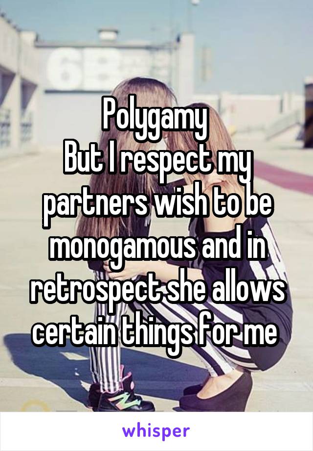 Polygamy 
But I respect my partners wish to be monogamous and in retrospect she allows certain things for me 