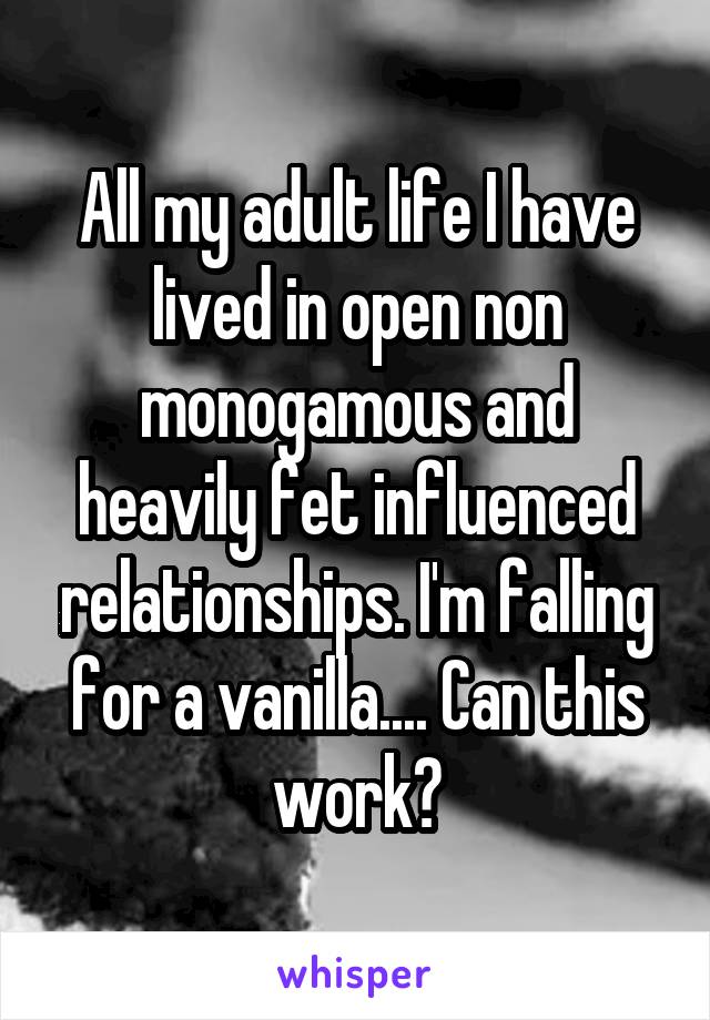 All my adult life I have lived in open non monogamous and heavily fet influenced relationships. I'm falling for a vanilla.... Can this work?