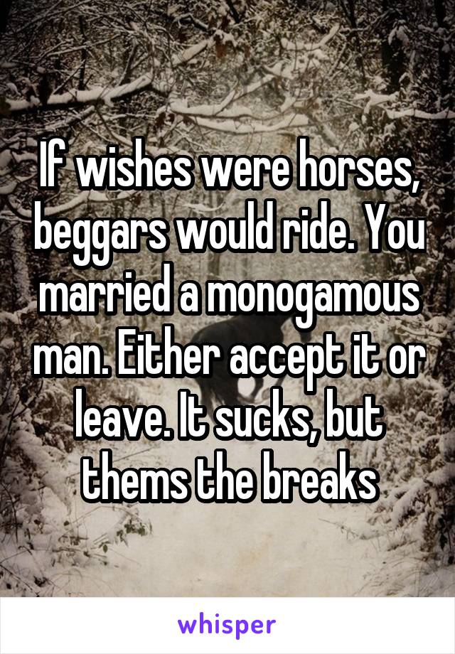 If wishes were horses, beggars would ride. You married a monogamous man. Either accept it or leave. It sucks, but thems the breaks