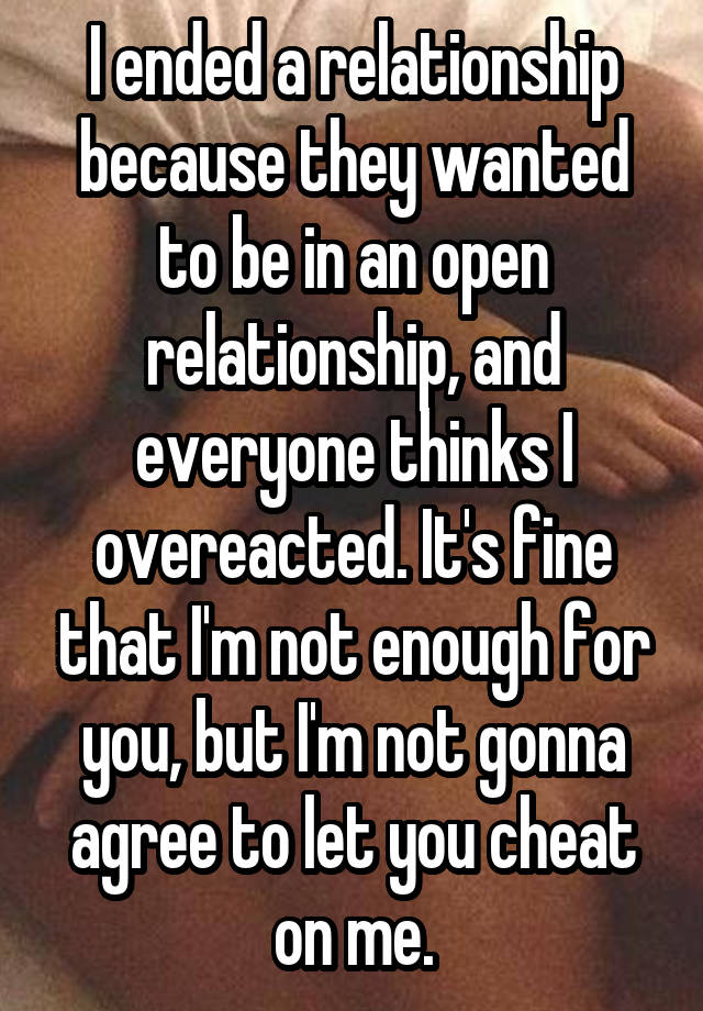 I ended a relationship because they wanted to be in an open relationship, and everyone thinks I overeacted. It's fine that I'm not enough for you, but I'm not gonna agree to let you cheat on me.