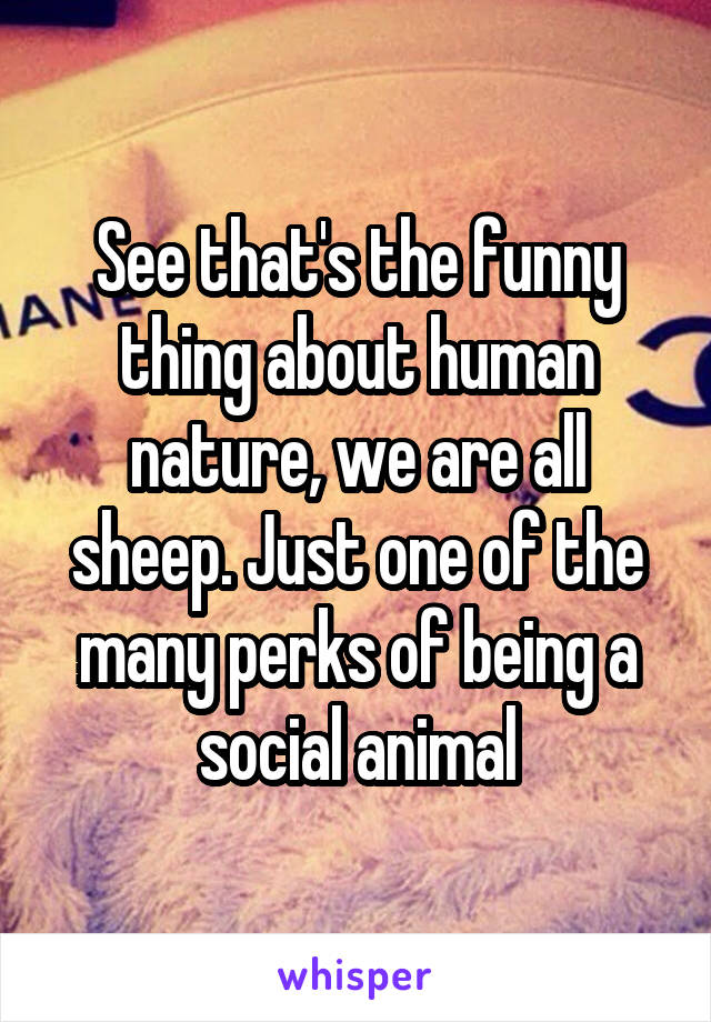 See that's the funny thing about human nature, we are all sheep. Just one of the many perks of being a social animal