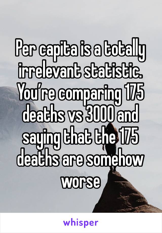 Per capita is a totally irrelevant statistic. You’re comparing 175 deaths vs 3000 and saying that the 175 deaths are somehow worse