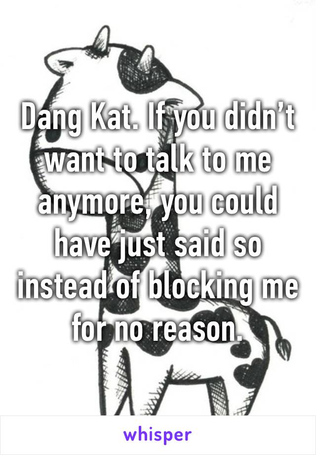 Dang Kat. If you didn’t want to talk to me anymore, you could have just said so instead of blocking me for no reason. 