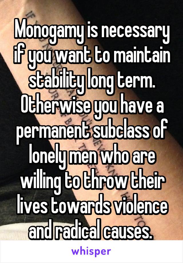 Monogamy is necessary if you want to maintain stability long term. Otherwise you have a permanent subclass of lonely men who are willing to throw their lives towards violence and radical causes. 