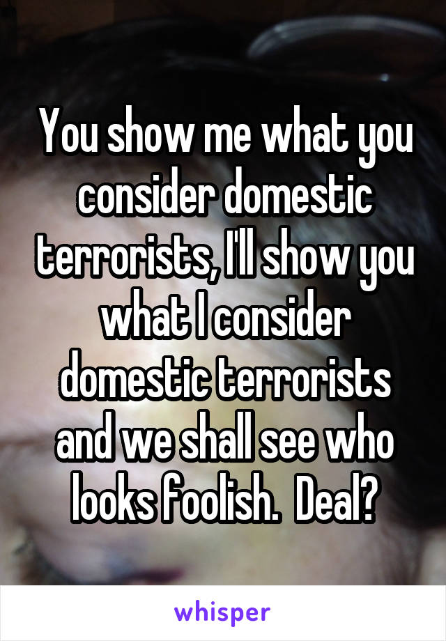 You show me what you consider domestic terrorists, I'll show you what I consider domestic terrorists and we shall see who looks foolish.  Deal?